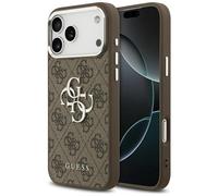 Coque IPHONE 17 Pro Max Simili Cuir Guess Braun Big Logo Métal Argent