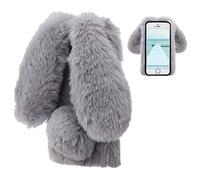 Coque iPhone 7 8 Lapin Peluche Fourrure Gris Mignon Kawaii 3D Lapin Oreille Étui de Protection Hiver Chaud Souple Poilu Motif Doux Silicone TPU Anti-Choc Anti Poussiere Incassable Housse Protection