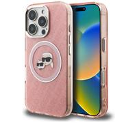 Coque Karl Lagerfeld IML Glitter avec logo « Karl & Choupette Heads » et MagSafe pour iPhone 16 Pro, rose