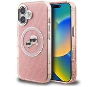 Coque Karl Lagerfeld IML Glitter avec logo « Karl & Choupette Heads » et MagSafe pour iPhone 16, rose