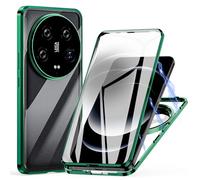 Coque Magnétique Adsorption pour Xiaomi Mi 14 Ultra, Étui Métal Cadre Antichoc Bumper Case Cover avec Dual Transparente Verre Trempé, 360 Degré Full Body Protection Housse -Vert