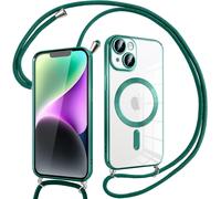 Coque Magnétique Avec Cordon Pour Iphone 14 ¿ Compatible Magsafe Et Charge Sans Fil, Silicone Transparente Ultra-Fine, Contour Vert, Bague Objectif Métal, Lanière Ajustable