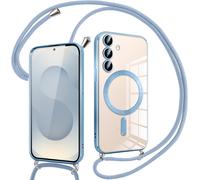 Coque Magnétique Avec Sangle Réglable Pour Samsung Galaxy S25 Plus - Compatible Magsafe Charge Sans Fil, Silicone Ultra-Mince Transparente Avec Protection Objectif, Bleu
