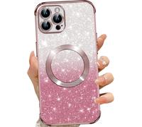 Coque Magnétique Paillettes Pour Iphone 12 Pro Max - Compatible Magsafe, Antichoc & Anti-Rayures, Finition Anti-Empreintes, Incl. 2 Verres Trempés, Rose