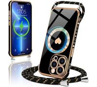 Coque Magnétique Pour Iphone 13 Pro Avec Collier Réglable Coque En Silicone Galvanisé Avec Motif Coeur D'amour Mignon Étui Housse Avec Cordon Tour De Cou Lanière Corde Pour Iphone 13 Pro,Noir