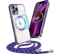Coque Magnétique Pour Iphone 13 Pro Avec Collier Réglable Coque Silicone Transparent Avec Recharge Sans Fil Étui Housse Avec Cordon Tour De Cou Lanière Corde Pour Iphone 13 Pro,Violet