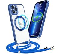 Coque Magnétique Pour Iphone 13 Pro Avec Collier Réglable Coque Silicone Transparent Avec Recharge Sans Fil Étui Housse Avec Cordon Tour De Cou Lanière Corde Pour Iphone 13 Pro,Bleu