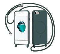 Coque Magnétique pour iPhone SE 3/2 (2022/2020)，iPhone 8/7 avec Cordon, Compatible avec MagSafe Collier Étui Silicone Liquide avec Tour de Cou Lanière en Corde Souple TPU Antichoc Housse, Vert foncé