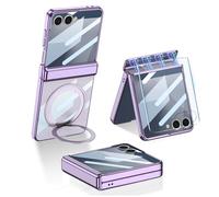 Coque magnétique pour Samsung Galaxy Z Flip 7 avec support anneau de support, film de protection d'écran et protection de charnière magnétique - Prise en charge du chargement sans fil - Coque
