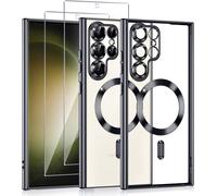 Coque Magnétique Slim Pour Samsung Galaxy S23 Ultra 5g, 2 Verres Trempés, Compatible Magsafe, Antichocs Et Anti-Rayures, Transparente Avec Contour Noir