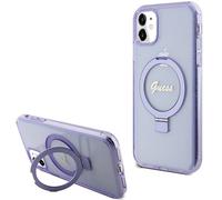 Coque MagSafe Guess Ring Stand Script à paillettes violettes pour iPhone 11