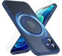 Coque Magsafe Iphone 12 / 12 Pro (6,1"") ¿ Kit 2 Verres Trempés 9h, Recharge Sans Fil, Antichoc Mil¿Spec, Dos Translucide Mat Anti¿Rayures Anti¿Empreintes Bleu