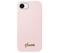 Coque MagSafe pour iPhone 16e Silicone Soft touch Logo métal doré Guess Rose clair