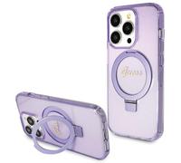 Coque MagSafe violette Guess Ring Stand Script à paillettes