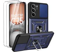 Coque Militaire Antichoc Pour Realme C75 4g / Realme 14x 5g + Verre Trempé, Support Anneau 360° Magnétique, Cache Objectif Coulissant, Bleu