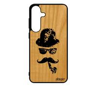 Coque Moustache Pour Samsung S25+ Plus Bois Veritable Silicone Dessin Chapeau Melon Pipe Monsieur Homme Charlie Chaplin Noir Pour Galaxy