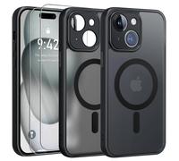 Coque Noir Magnétique pour iPhone 15 + 2 Verre Trempé, Compatible avec MagSafe, Protection caméra ,Translucide Antichoc