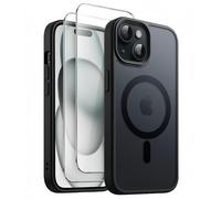 Coque Noir Magnétique pour iPhone 15 PLUS + 2 Verre Trempé, Compatible avec MagSafe, Protection caméra ,Translucide Antichoc - HQSELECTION®