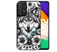 Coque noire pour Galaxy A52 et A52S loup et fleur