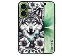 Coque noire pour IPHONE 17 loup et fleur