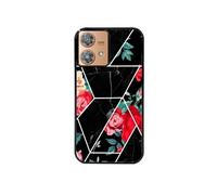 Coque noire pour Moto EDGE 40 NEO avec motif marbre noir et fleurs rouges