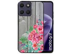 Coque noire pour MOTO G17 et G17 POWER bois gris fleur rose
