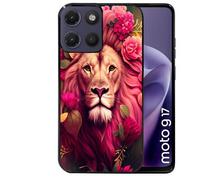 Coque noire pour MOTO G17 et G17 POWER lion fleur rose