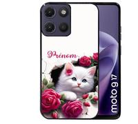Coque noire pour MOTO G17 et G17 POWER motif chat fleurs personnalisee