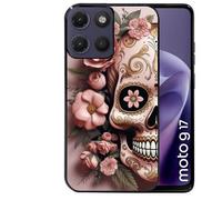Coque noire pour MOTO G17 et G17 POWER tete de mort calavera rose