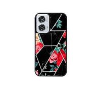 Coque noire pour Moto G24 avec motif marbre noir et fleurs rouges