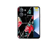 Coque noire pour POCO C85 avec motif marbre noir et fleurs rouges