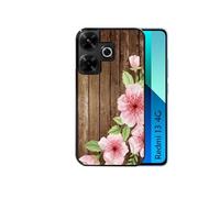 Coque noire pour Redmi 13 4G POCO M6 avec motif bois avec fleur rose