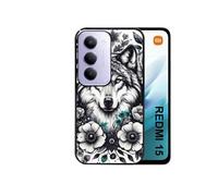 Coque noire pour Redmi 15 4G et 5G avec motif loup et fleur
