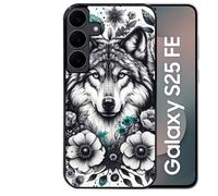 Coque noire Taperso pour Galaxy S25 FE avec motif loup et fleur
