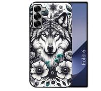 Coque noire Taperso pour Galaxy Z FOLD 6 avec motif loup et fleur