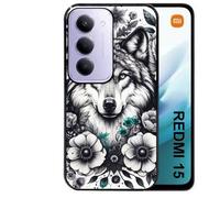 Coque noire Taperso pour Redmi 15 4G et 5G avec motif loup et fleur