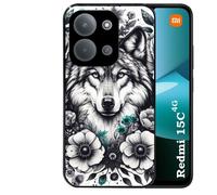 Coque noire Taperso pour REDMI 15C 4G et 5G avec motif loup et fleur
