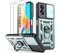 Coque Oppo A38 Verte + 2 Verres Trempés - Antichoc & Anti-Rayures, Cache Coulissant Caméra, Support Bague Rotative 360°