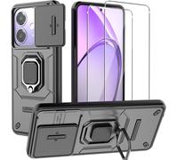 Coque Oppo A40/A40m Renforcée Tpu+Pc + 2 Verres Trempés 9h ¿ Cache Appareil Photo Coulissant, Bumper Anti¿Choc, Anneau Support Rotatif 360°, Noir