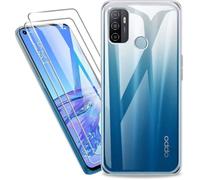 Coque OPPO A53s Transparente + 2 × Verre trempé Protection écran, Souple Silicone étui Protecteur Bumper Housse Clair TPU Gel