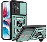 Coque Oppo A59 5g Verte - Étui Antichoc Tpu/Pc Avec Couvercle Coulissant Pour Objectif, Anneau Rotatif 360° Magnétique Compatible Support Voiture, Attache Dragonne