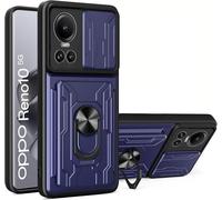 Coque Oppo Reno 10 / Reno 10 Pro 5g Anti-Choc Pc+Tpu Avec Cache Objectif Coulissant, Support Rotatif, Emplacement Carte Amovible Et Plaque Magnétique - Bleu