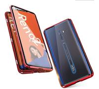 Coque Oppo Reno 2 - Housse Magnétique 360° Bumper Aluminium & Verre Trempé 9h Avant/Arrière, Protection Antichoc Intégrale, Transparent Rouge