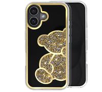 Coque Paillette pour iPhone 16 Motif Ourson avec Strass Dorée