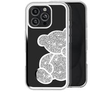 Coque Paillette pour iPhone 16 Pro Max Motif Ourson avec Strass Argent