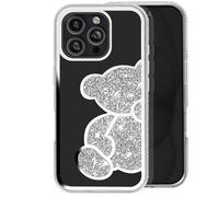 Coque Paillette pour iPhone 16 Pro Max Motif Ourson avec Strass Argent