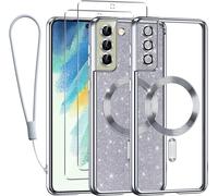 Coque Paillettes Magnétique Pour Samsung Galaxy S21 Fe 5g Compatible Magsafe - Silicone Brillante Anti-Choc, Protection Caméra, 2 Verres Trempés + Lanière