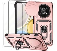 Coque Pc Renforcée Pour Magic 4 Lite / Honor X9 4g/5g + 2 Verres Trempés - Protection Caméra Coulissante, Support Pliable Et Aimanté, Style Militaire Or Rose