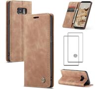 Coque Portefeuille Compatible Samsung Galaxy S8 - Cuir Pu Marron Magnétique, 2 Emplacements Cartes + Poche Billets, Support Horizontal + 2 Verres Trempés