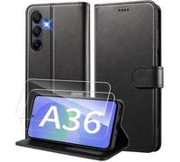 Coque portefeuille en cuir - MASSILIA TECH - GALAXY A36 5G - Noir - 2 vitres en verre trempé - Souple